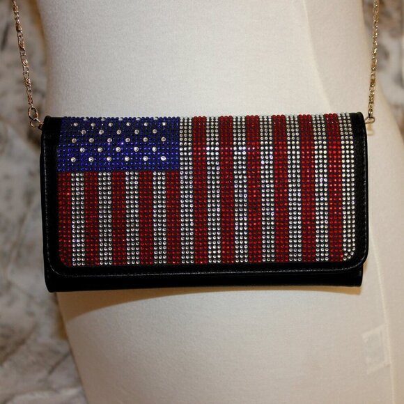 Patriotic Red White Blue Rhinestone Bling Black Hobo Crossbody Mini Shoulder Bag - Picture 1 of 11